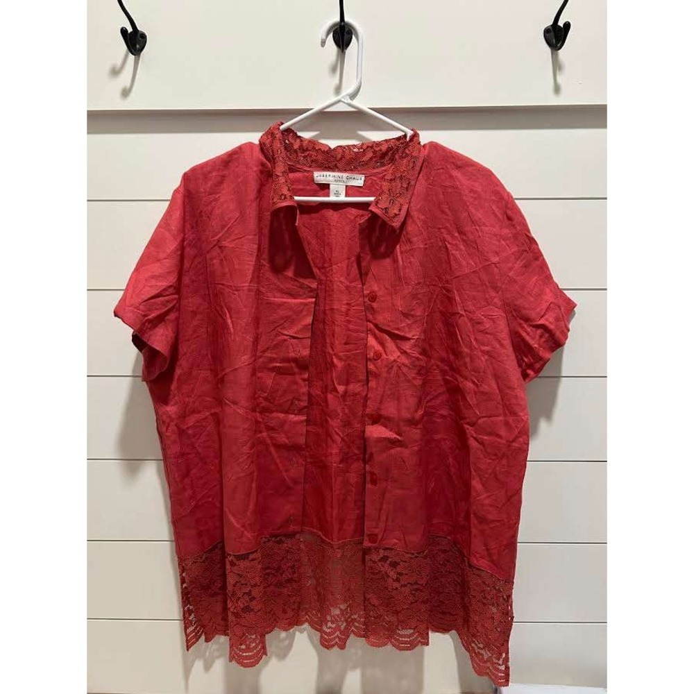 New Josephine Chaus Sport Red 100% Linen Lace Trim Button Up Shirt XL Layer